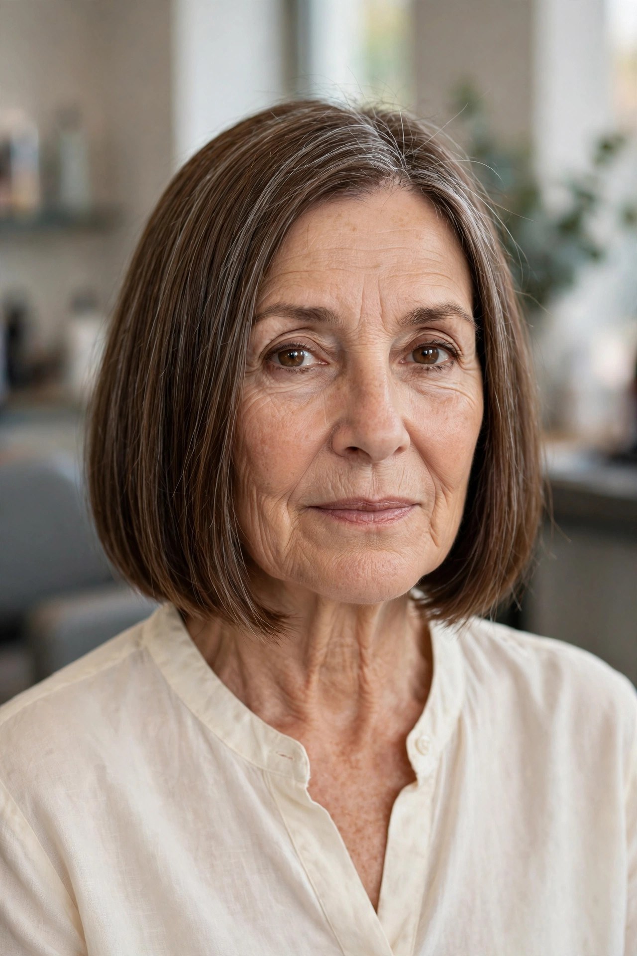 Blunt bob haircut on a woman over 50 that air dries sleek and straight