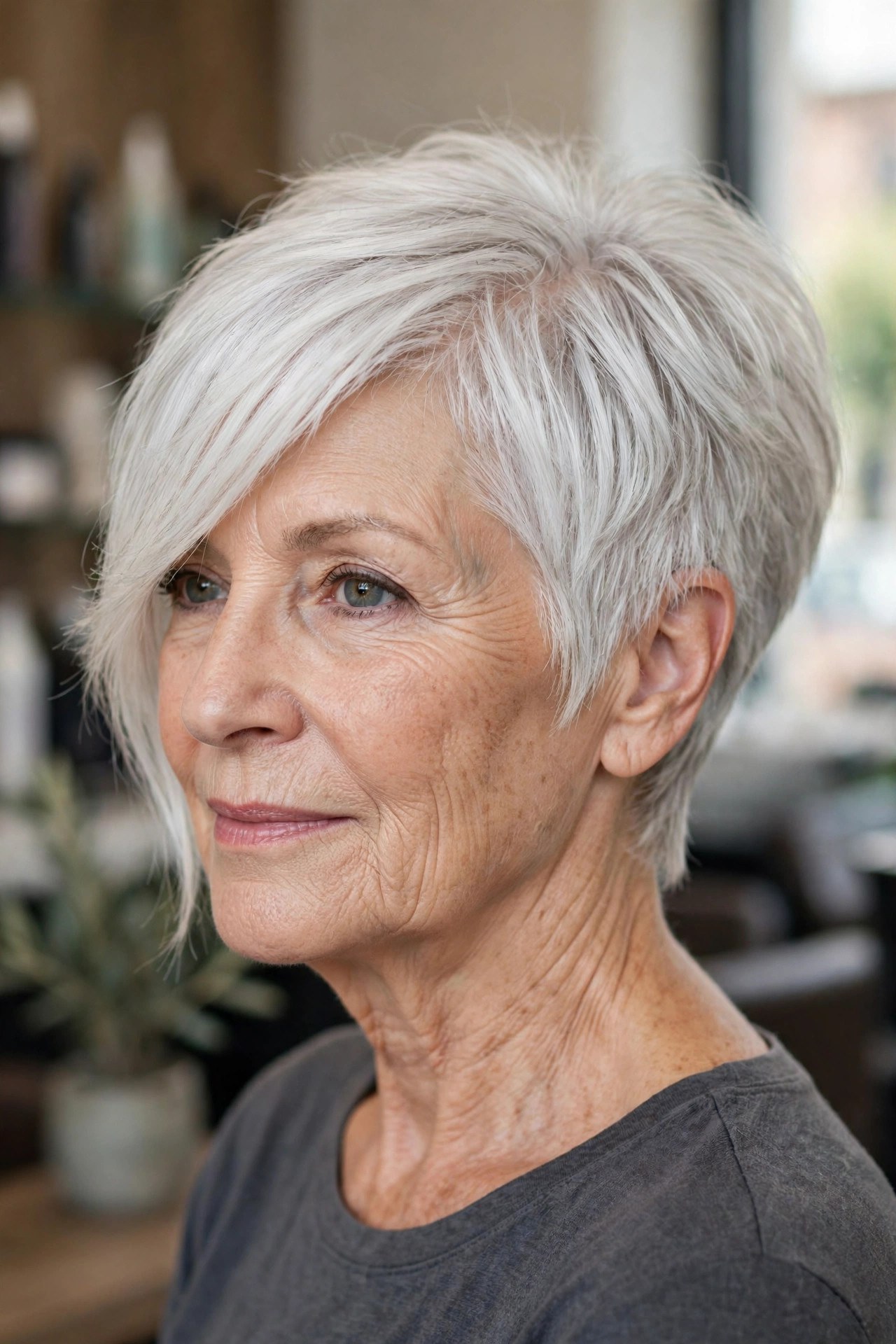 Long pixie haircut with sweeping top in platinum silver on a woman over 50