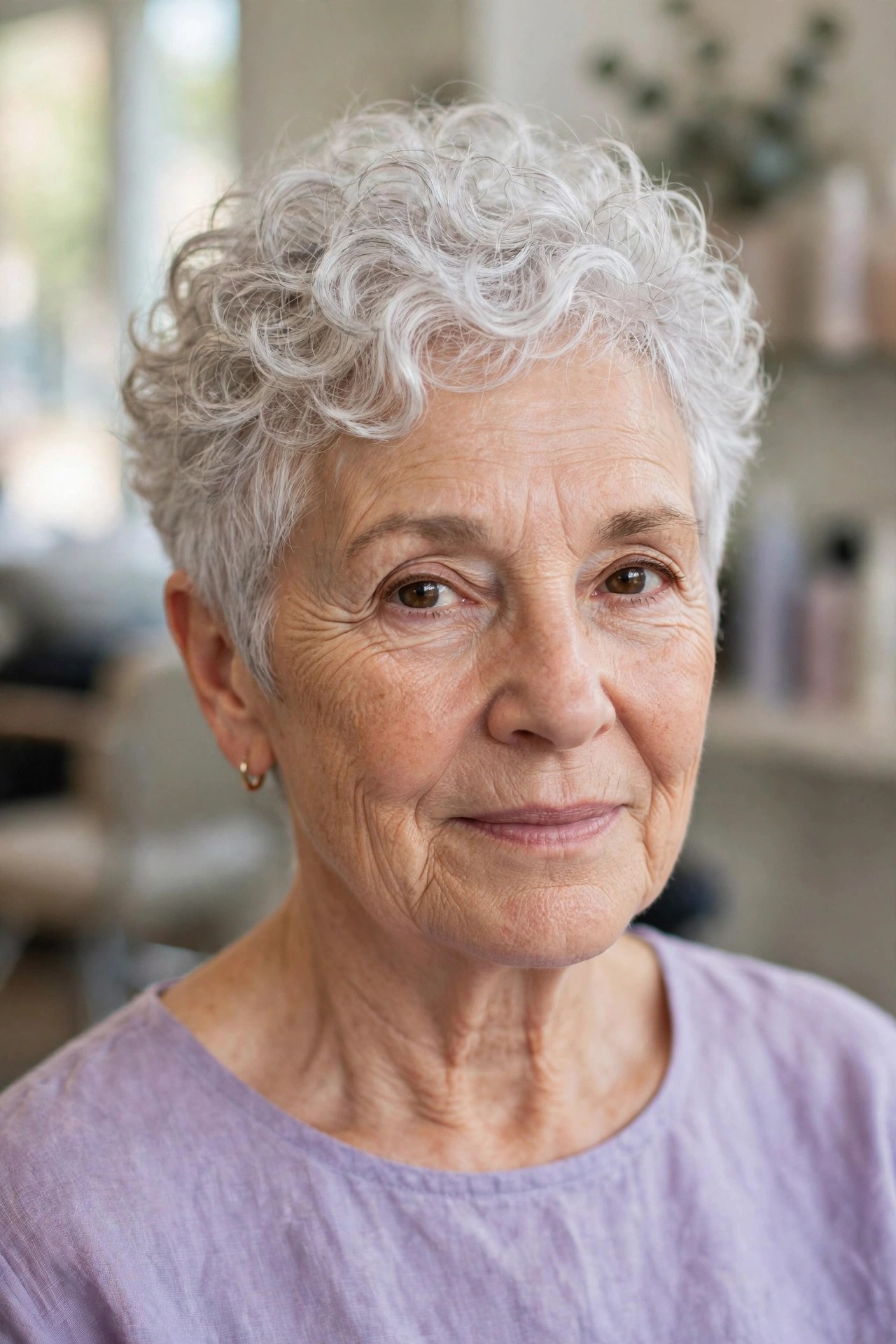 Silver curly pixie haircut on a woman over 50, air dried curls
