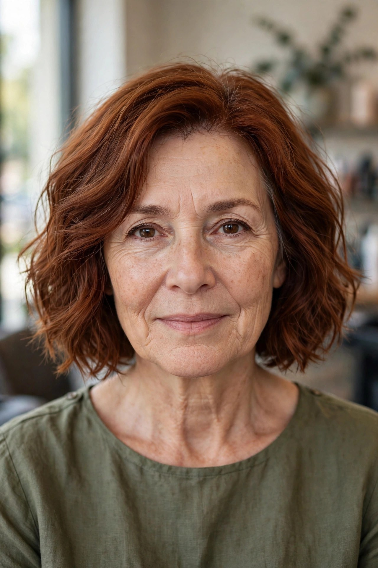 Wavy chin-length bob in auburn on a woman over 50, air dried