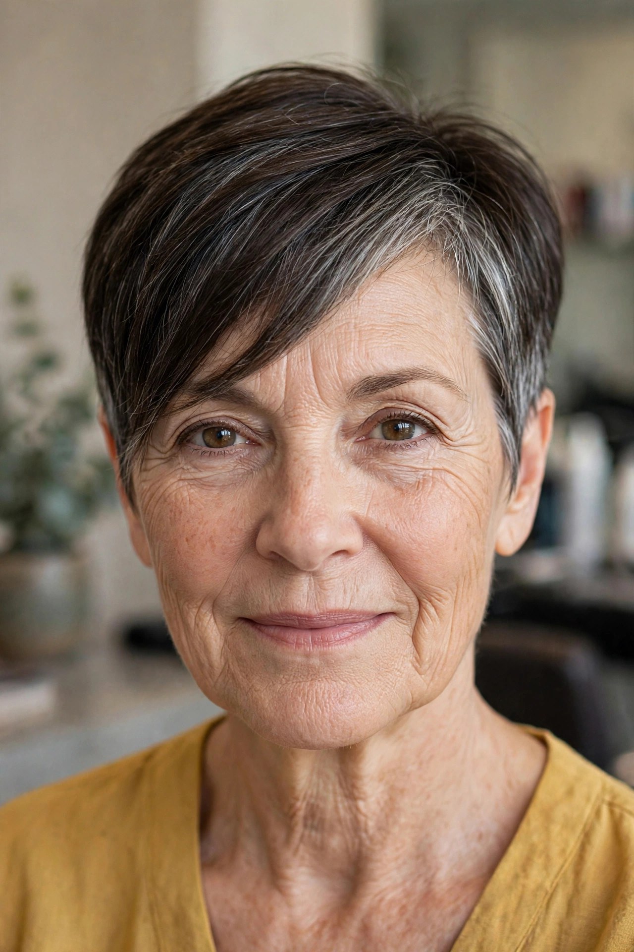 Tapered pixie with side-swept fringe on a woman over 50, air dried