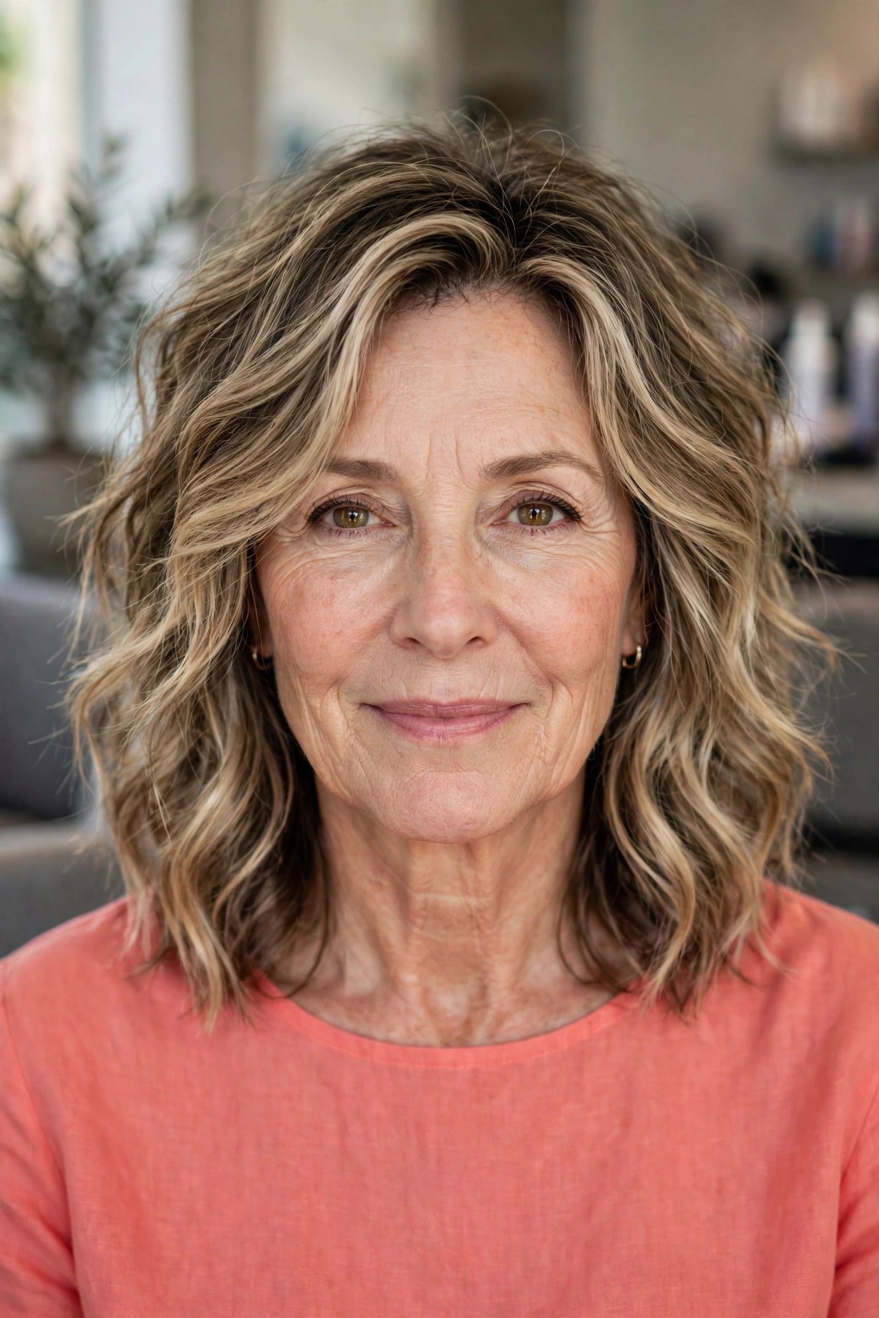 Beachy layered lob for thick wavy hair on a woman over 50, air dried