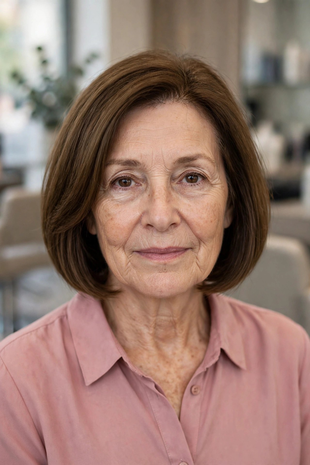 Soft A-line bob that bevels itself on a woman over 50, air dried