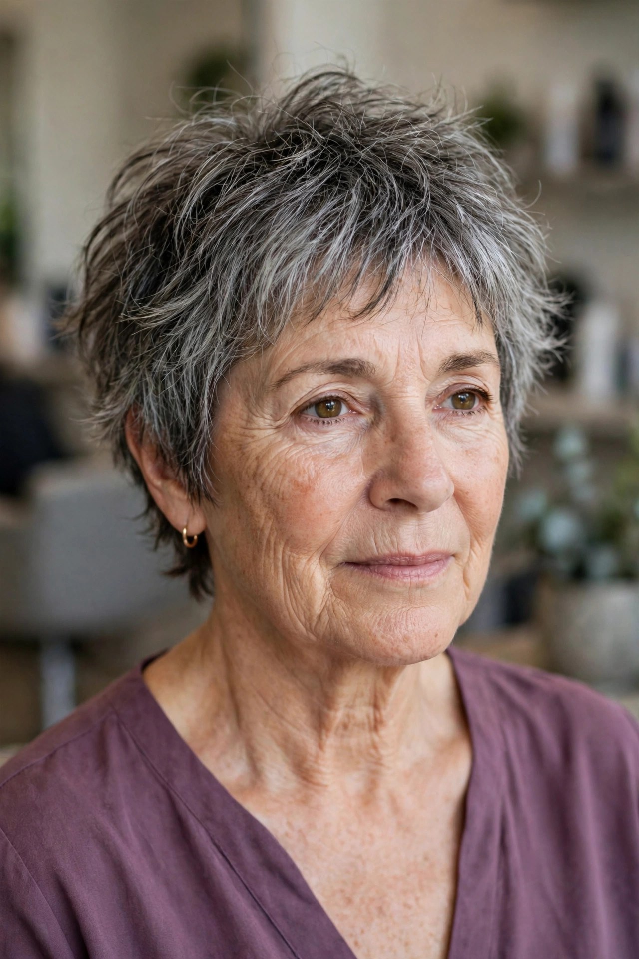 Salt and pepper shaggy crop haircut on a woman over 50, air dried