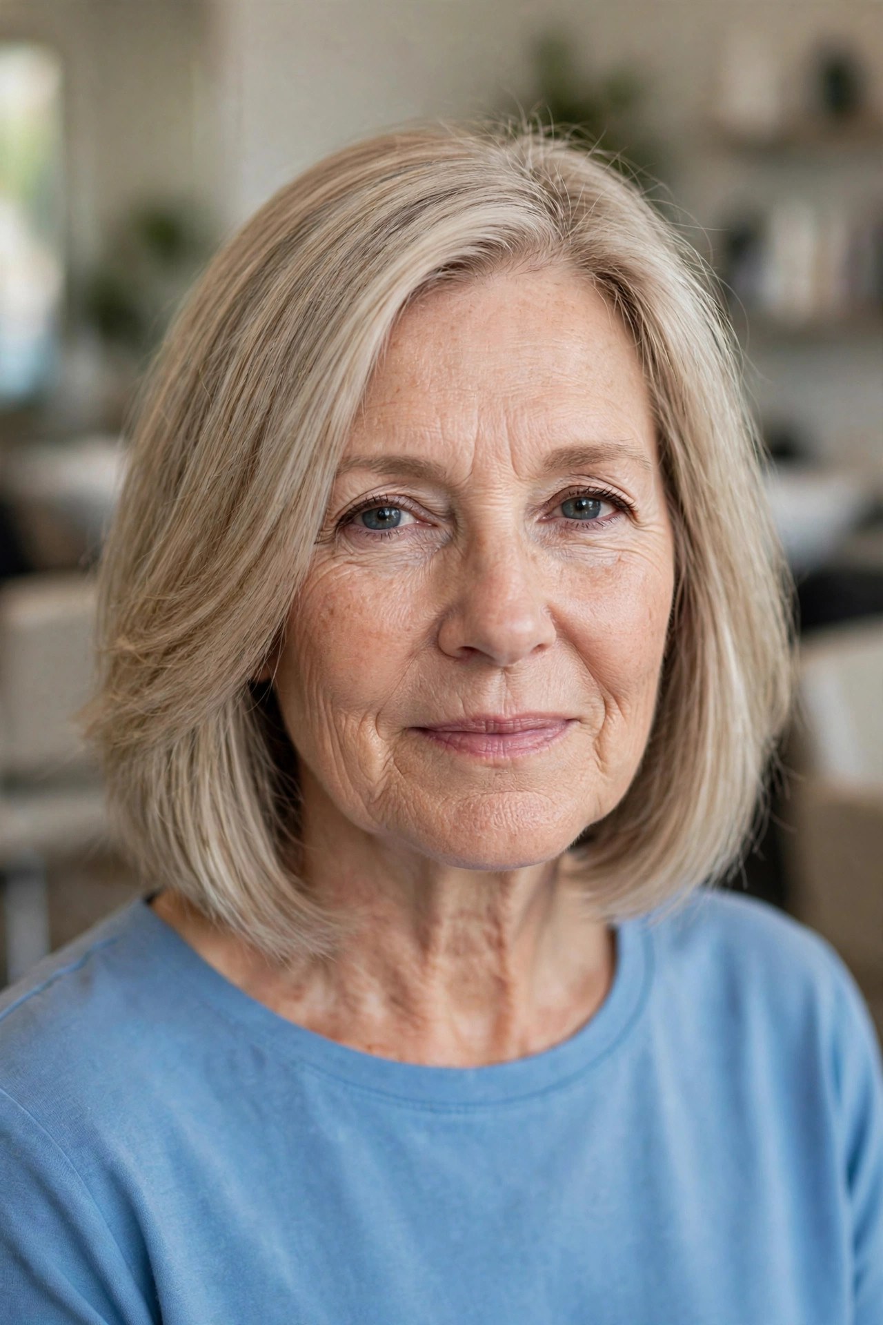 Blunt-ended bob for fine hair in ash blonde on a woman over 50, air dried