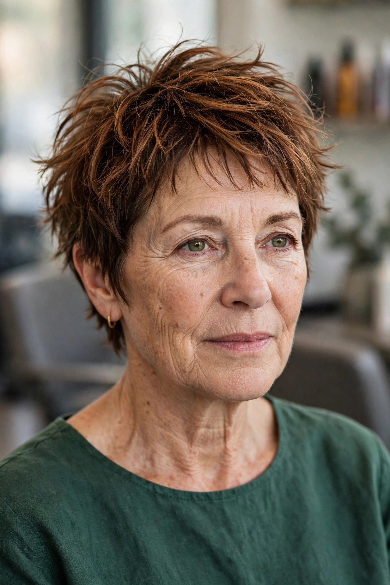Tousled crop with choppy micro-layers in copper brown on a woman over 50