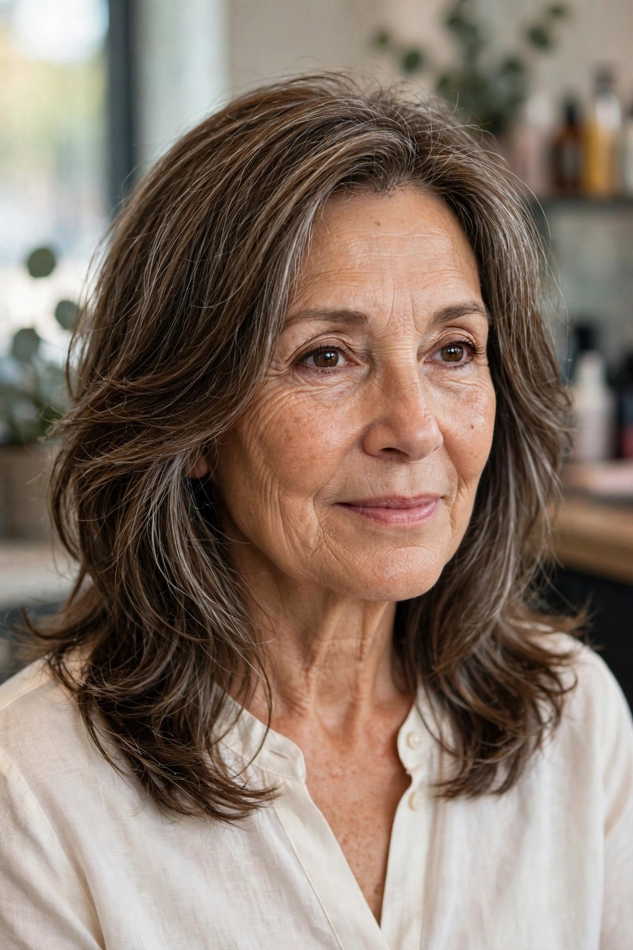 Shoulder-skimming haircut with face-framing layers on a woman over 50, air dried