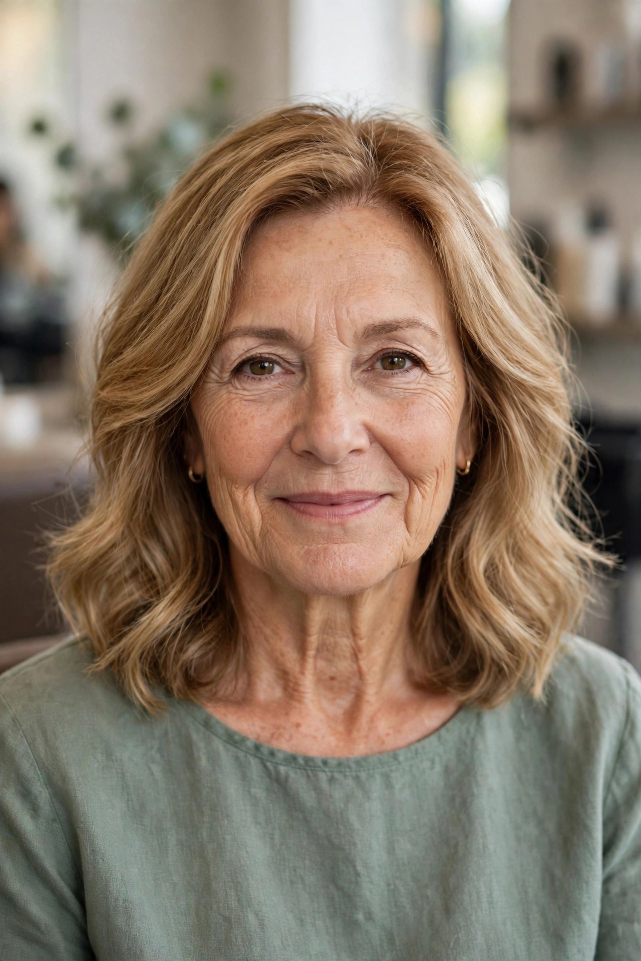 Natural wave lob with feathered ends on a woman over 50, air dried