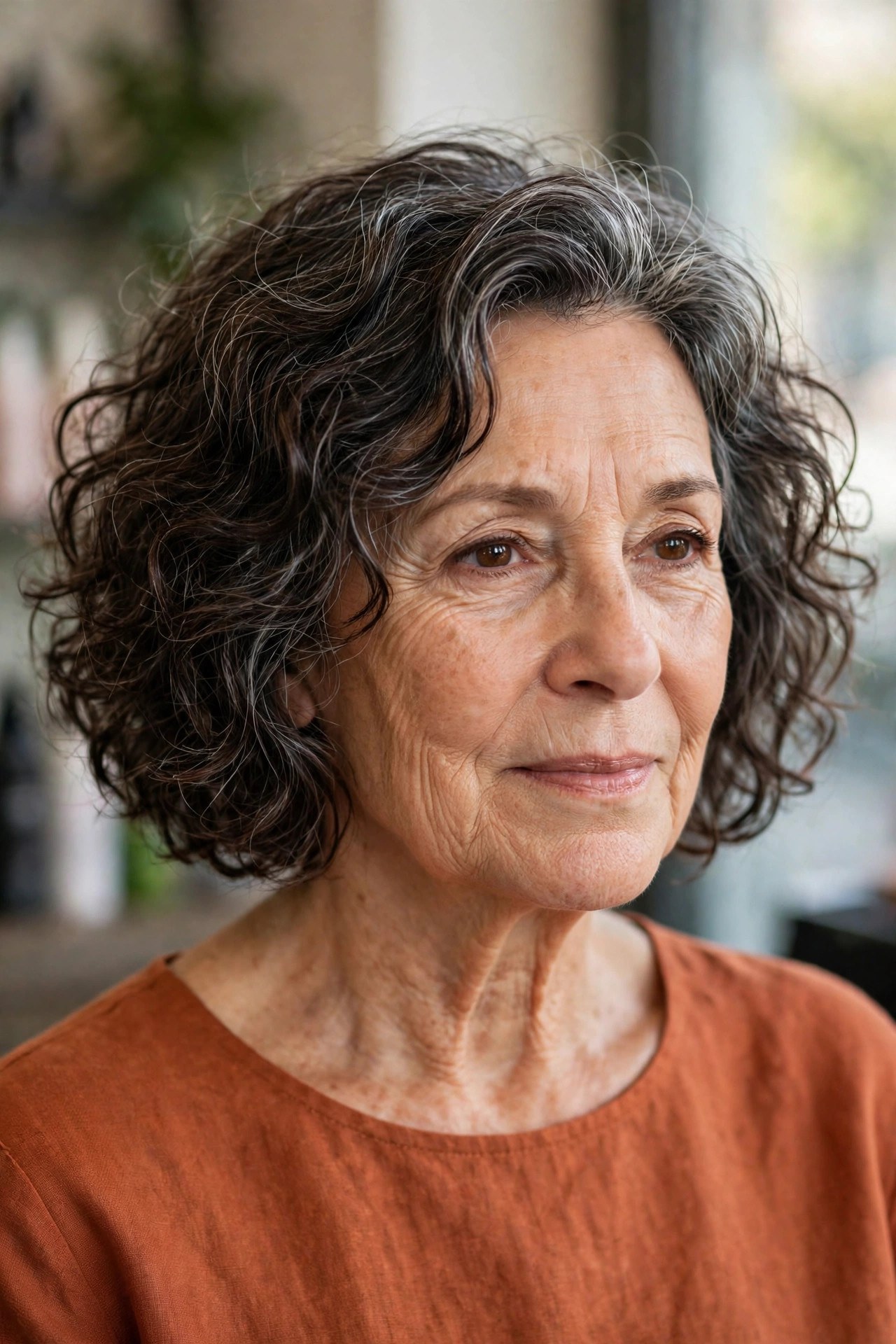 Curly wash and go bob on a woman over 50 with silver streaks, air dried
