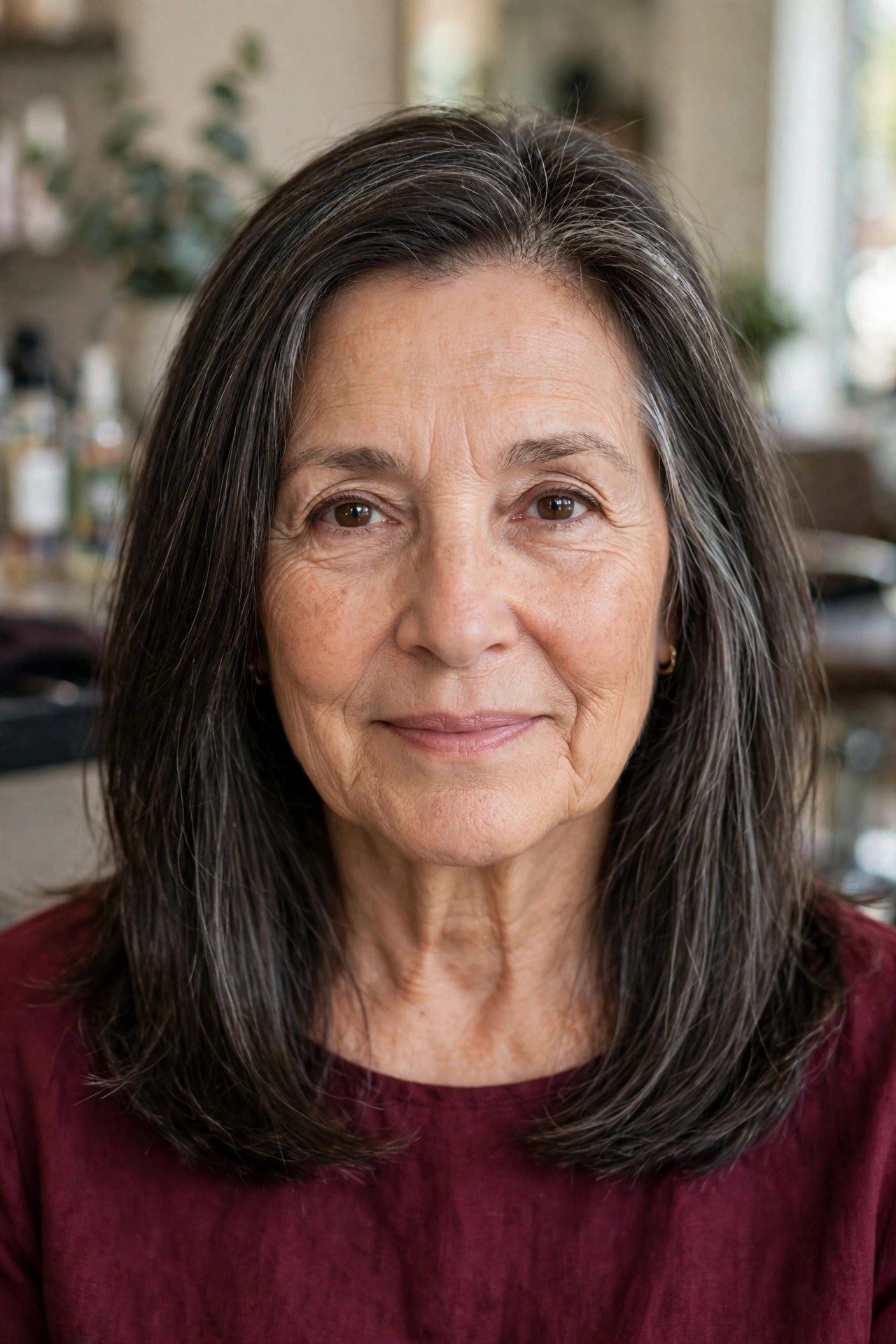 One-length midi haircut with hidden layers on a woman over 50, air dried