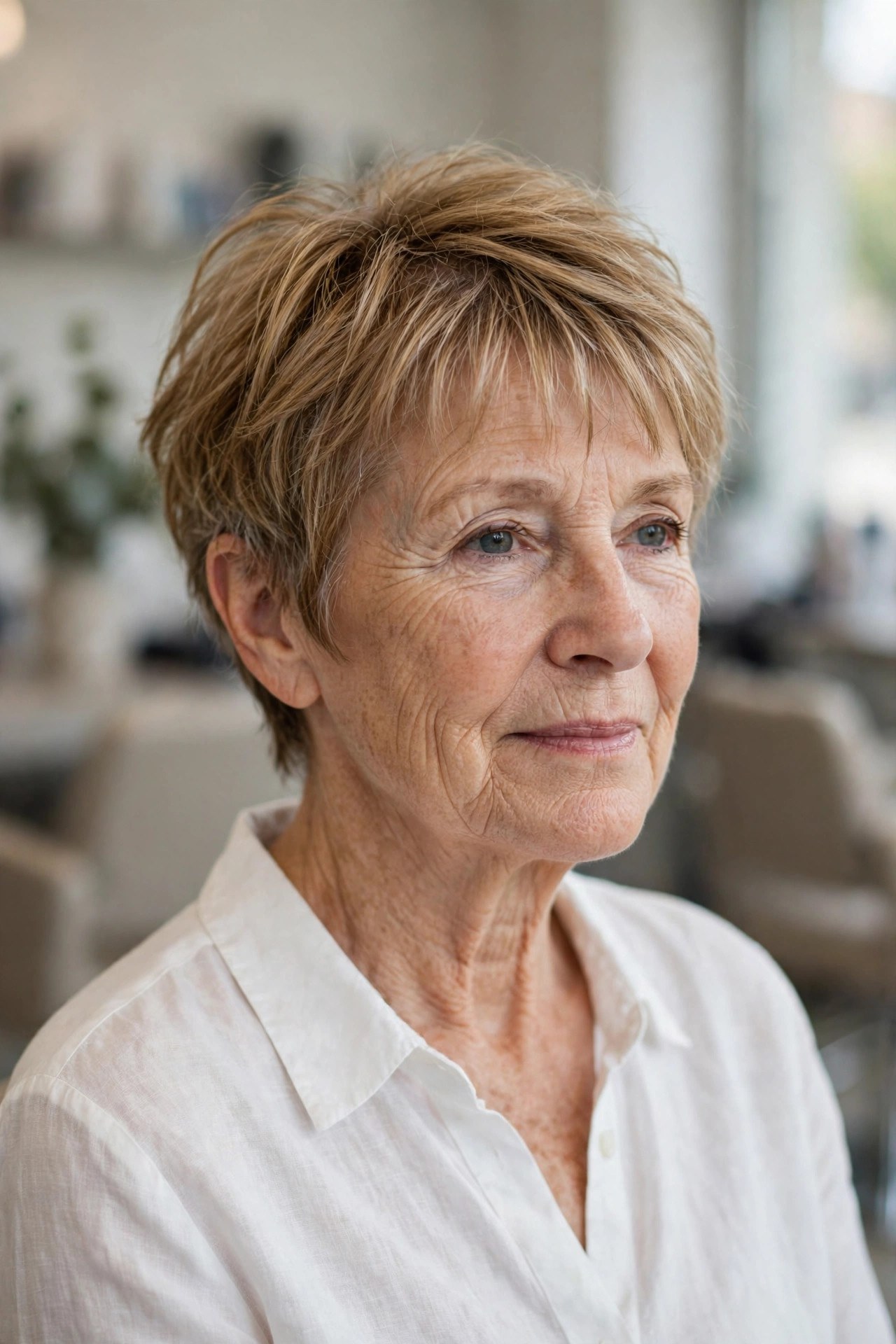Feathered crop with soft fringe on a woman over 50, air dried