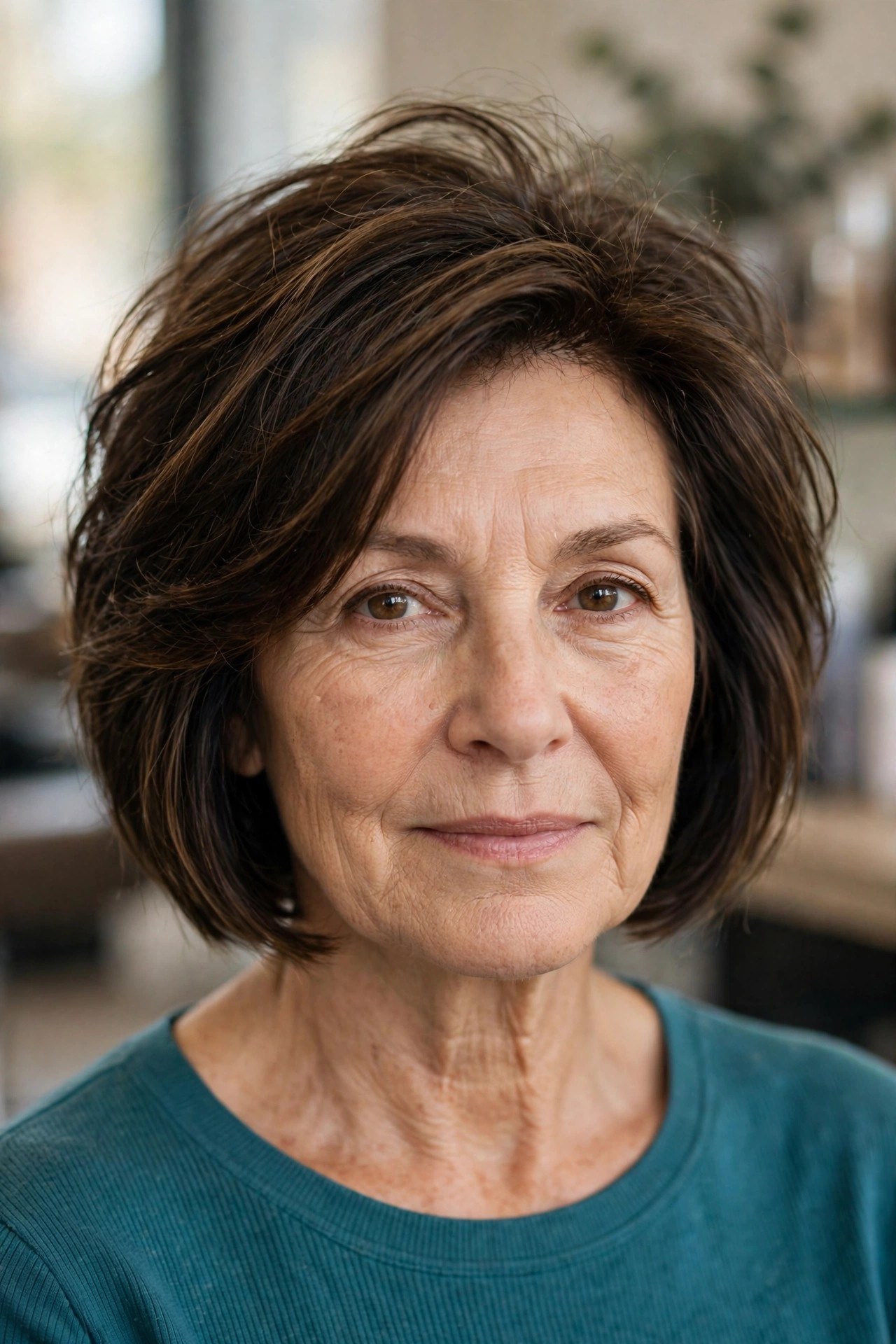 Stacked bob with lifted back on a woman over 50, air dried