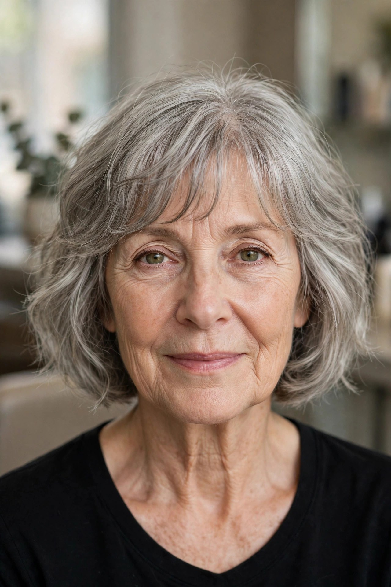 French bob with air-dry fringe in silver gray on a woman over 50