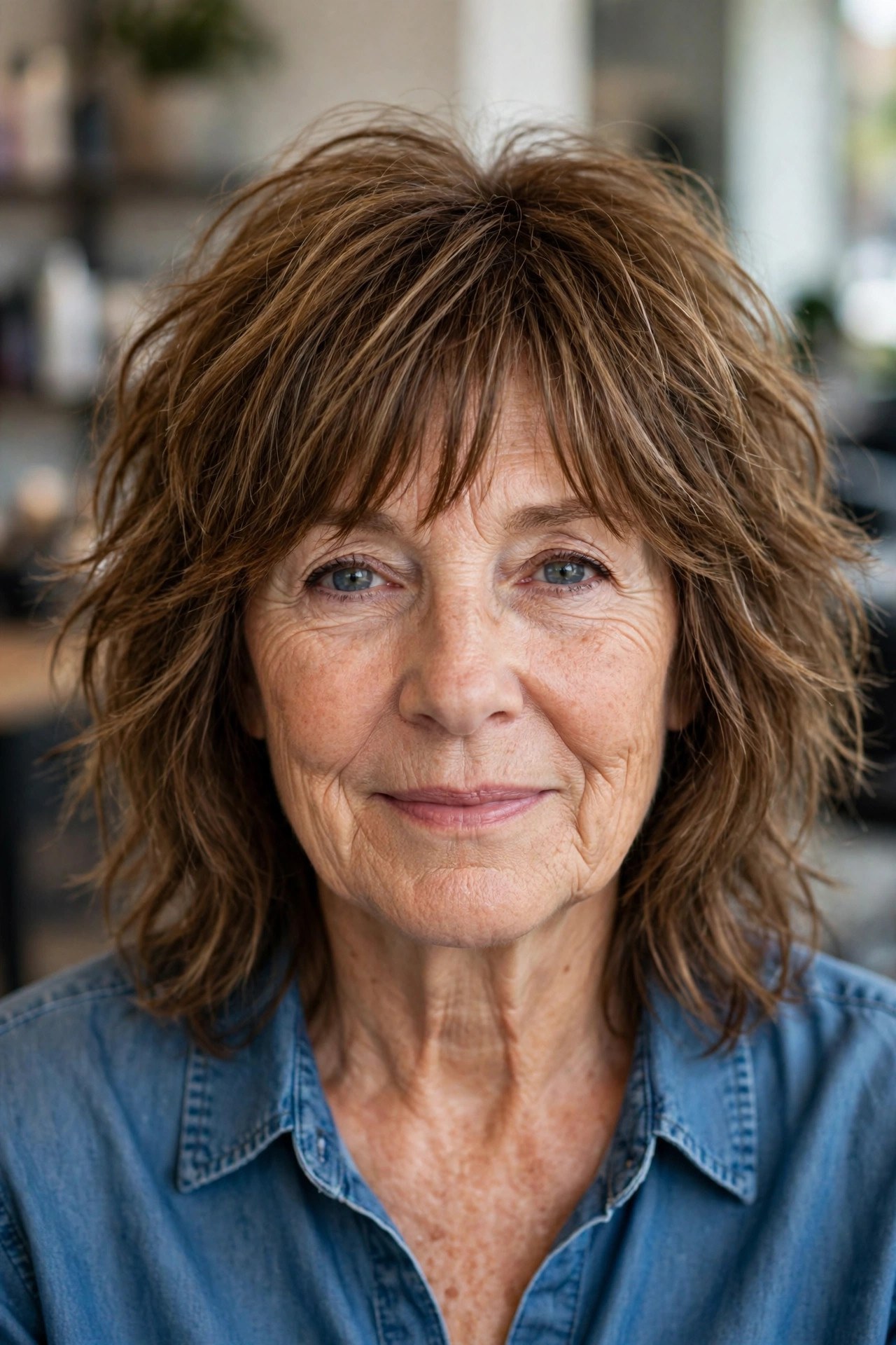 Modern shag haircut with curtain bangs on a woman over 50, air dried