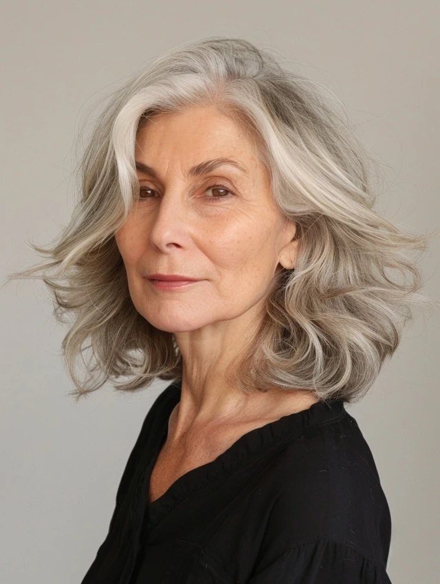 Classic Wavy Bob With a Side Part — wavy bob on a woman over 70 with fine hair