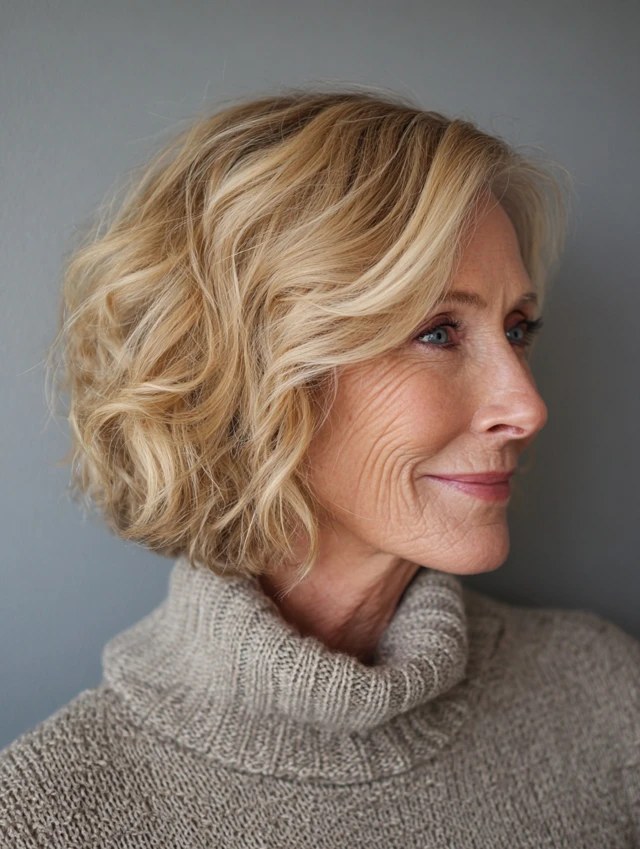 Golden Blonde Wavy Bob for Fine Hair — wavy bob on a woman over 70 with fine hair