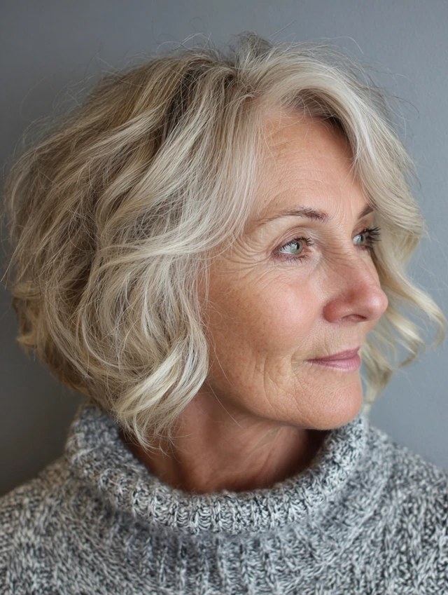 Blonde Wavy Bob With Blunt Ends — wavy bob on a woman over 70 with fine hair