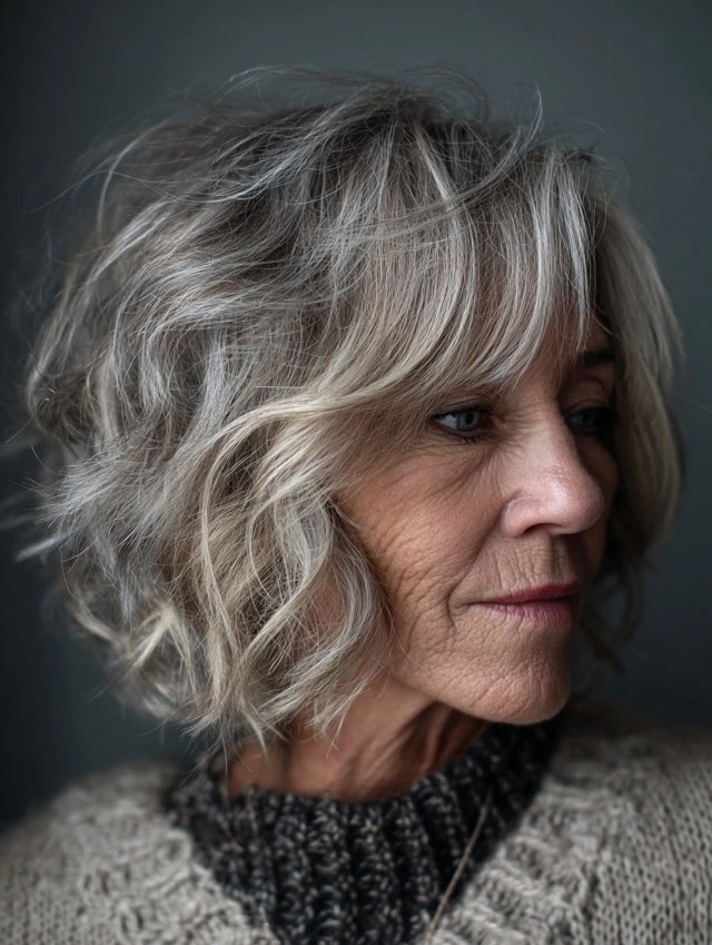 Wavy Shaggy Bob in Silver-Gray — wavy bob on a woman over 70 with fine hair