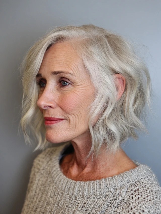 Longer Wavy Bob (Lob) in White — wavy bob on a woman over 70 with fine hair