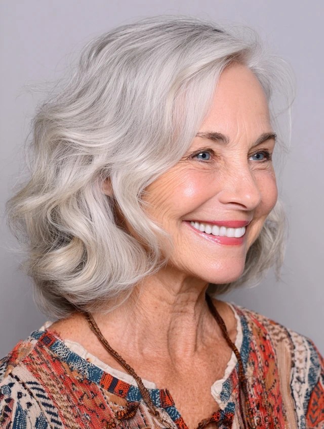 Wavy Bob With a Joyful Finish — wavy bob on a woman over 70 with fine hair