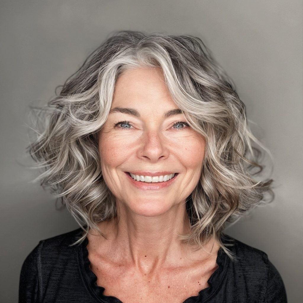 Wavy Bob in Salt-and-Pepper — wavy bob on a woman over 70 with fine hair