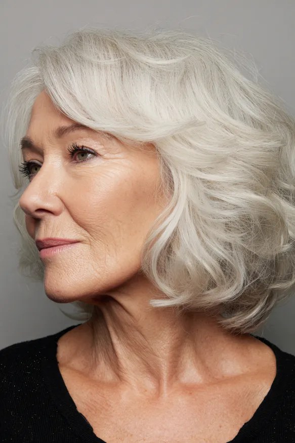 Wavy White Bob in Gentle Profile — wavy bob on a woman over 70 with fine hair