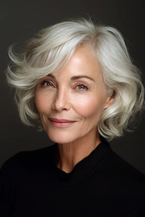 White Wavy Bob With Soft Volume — wavy bob on a woman over 70 with fine hair