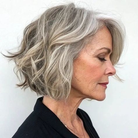 Ash Blonde Wavy Bob, Side View — wavy bob on a woman over 70 with fine hair