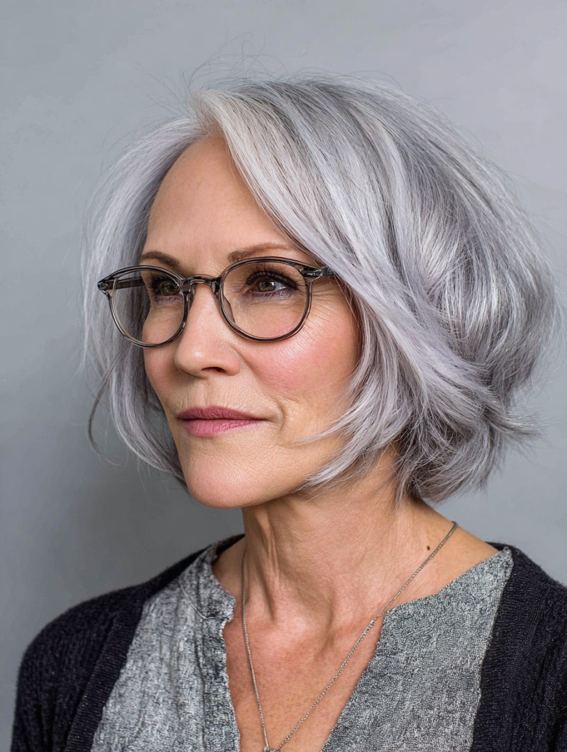 Silver Wavy Bob Styled With Glasses — wavy bob on a woman over 70 with fine hair