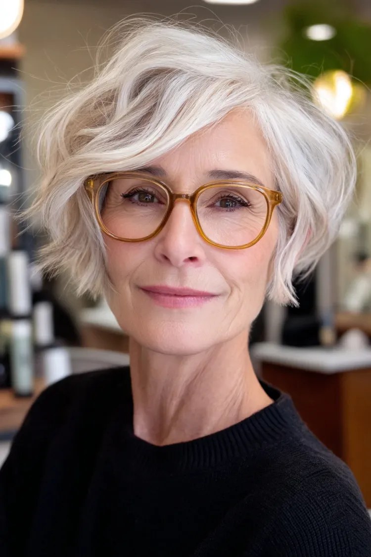 Wavy Bob With Amber Glasses, Salon Style — wavy bob on a woman over 70 with fine hair