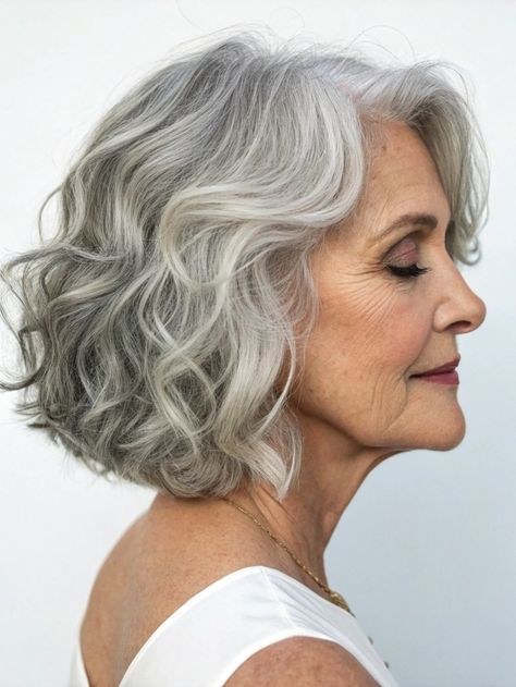 Silver Wavy Bob in Profile — wavy bob on a woman over 70 with fine hair