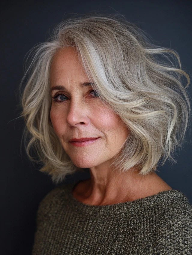Soft Wavy Bob in Muted Silver — wavy bob on a woman over 70 with fine hair