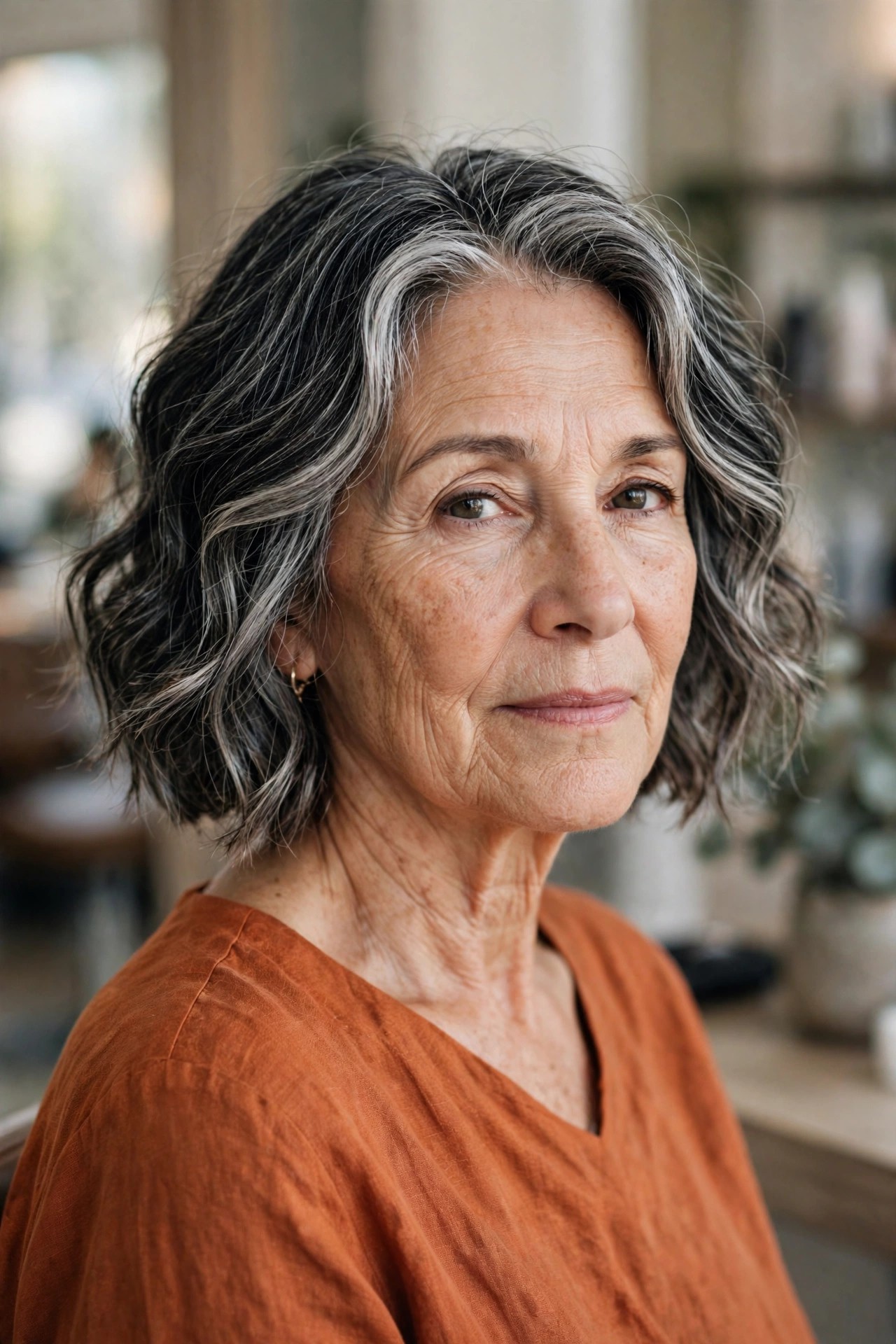 Salt-and-Pepper Wavy Bob - wavy bob haircut for women over 50