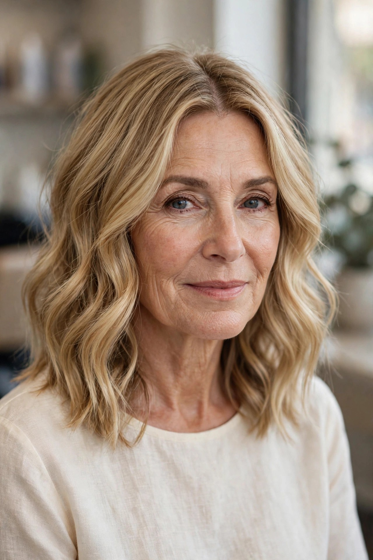 Classic Wavy Lob with a Center Part - wavy hairstyle for woman over 50