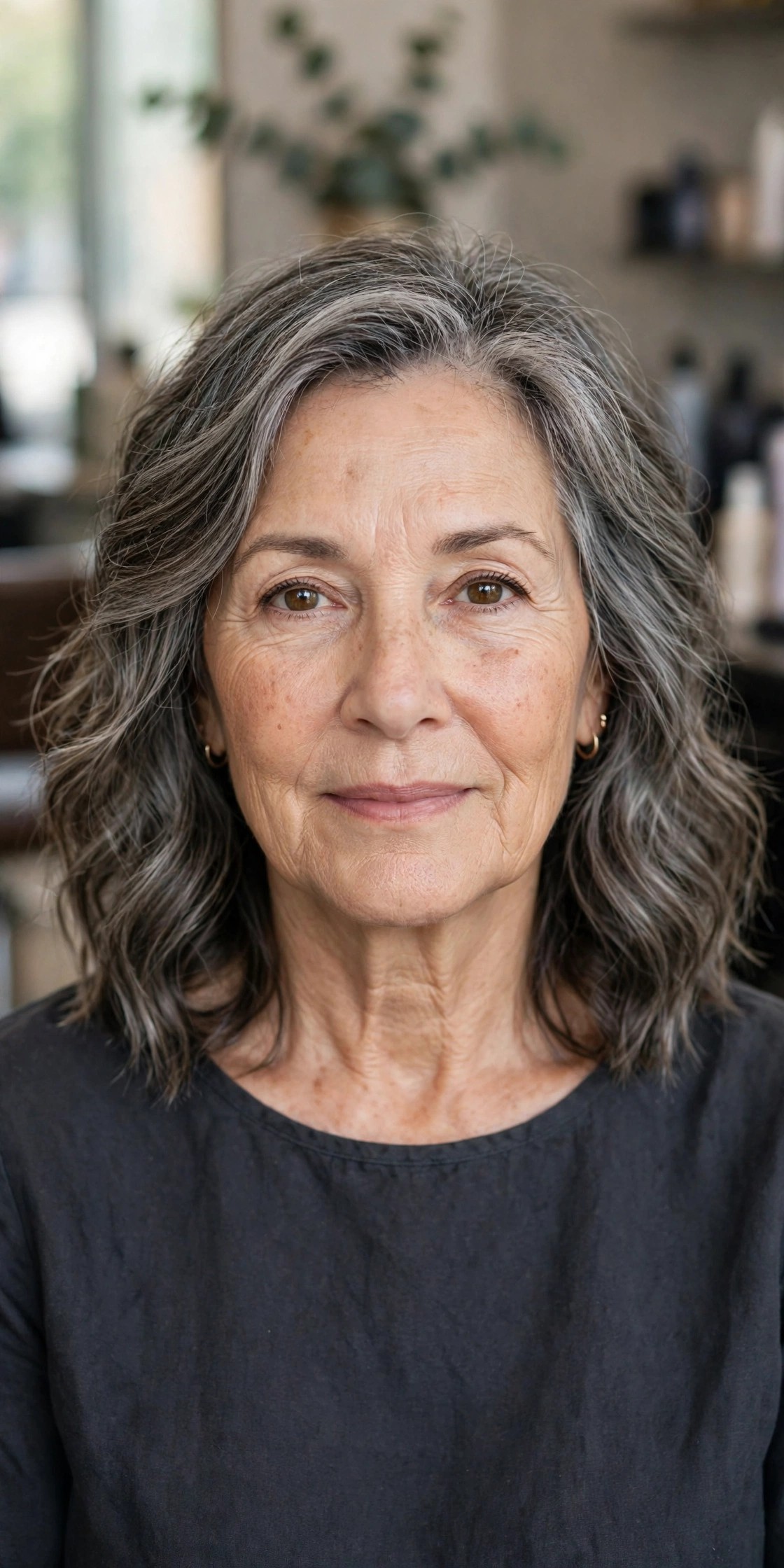 Medium Wavy Cut with a Salt-and-Pepper Blend - wavy hairstyle for woman over 50