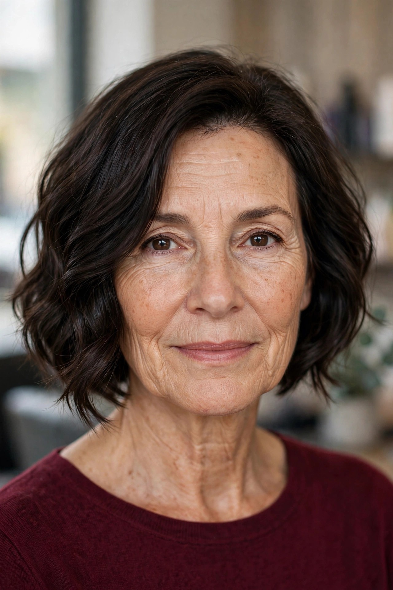 Angled Wavy Bob with a Longer Front - wavy hairstyle for woman over 50