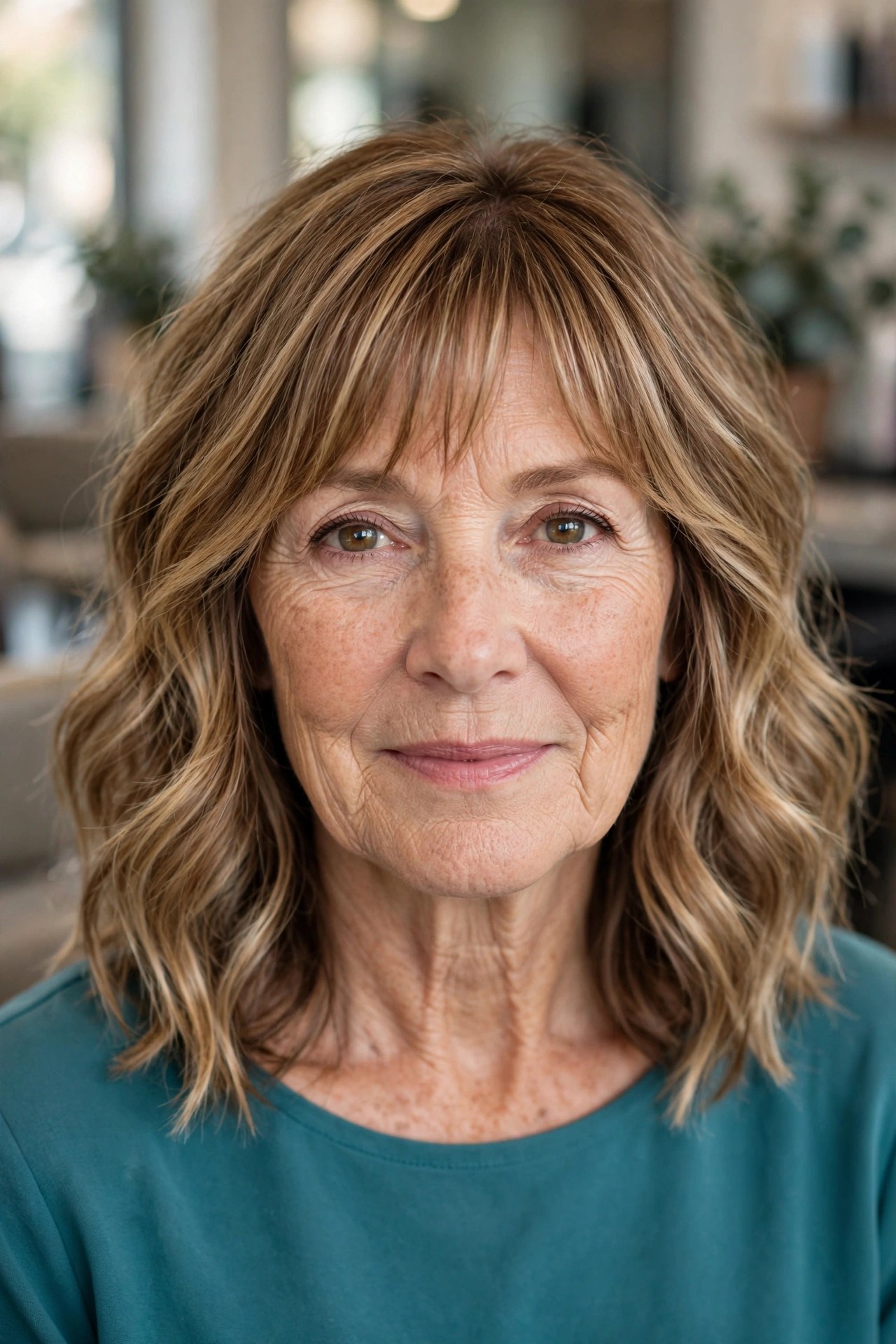 Shoulder-Length Beach Waves with Bangs - wavy hairstyle for woman over 50