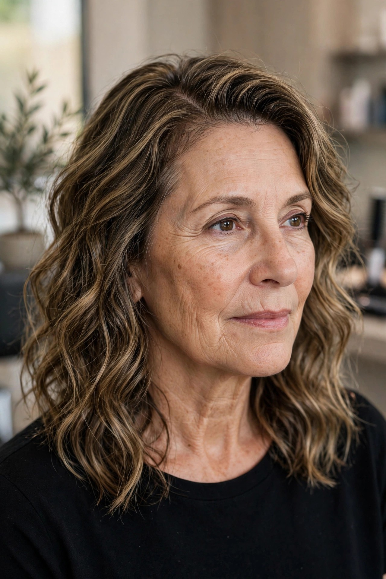 Wavy Lob with a Deep Side Part and Root Lift - wavy hairstyle for woman over 50