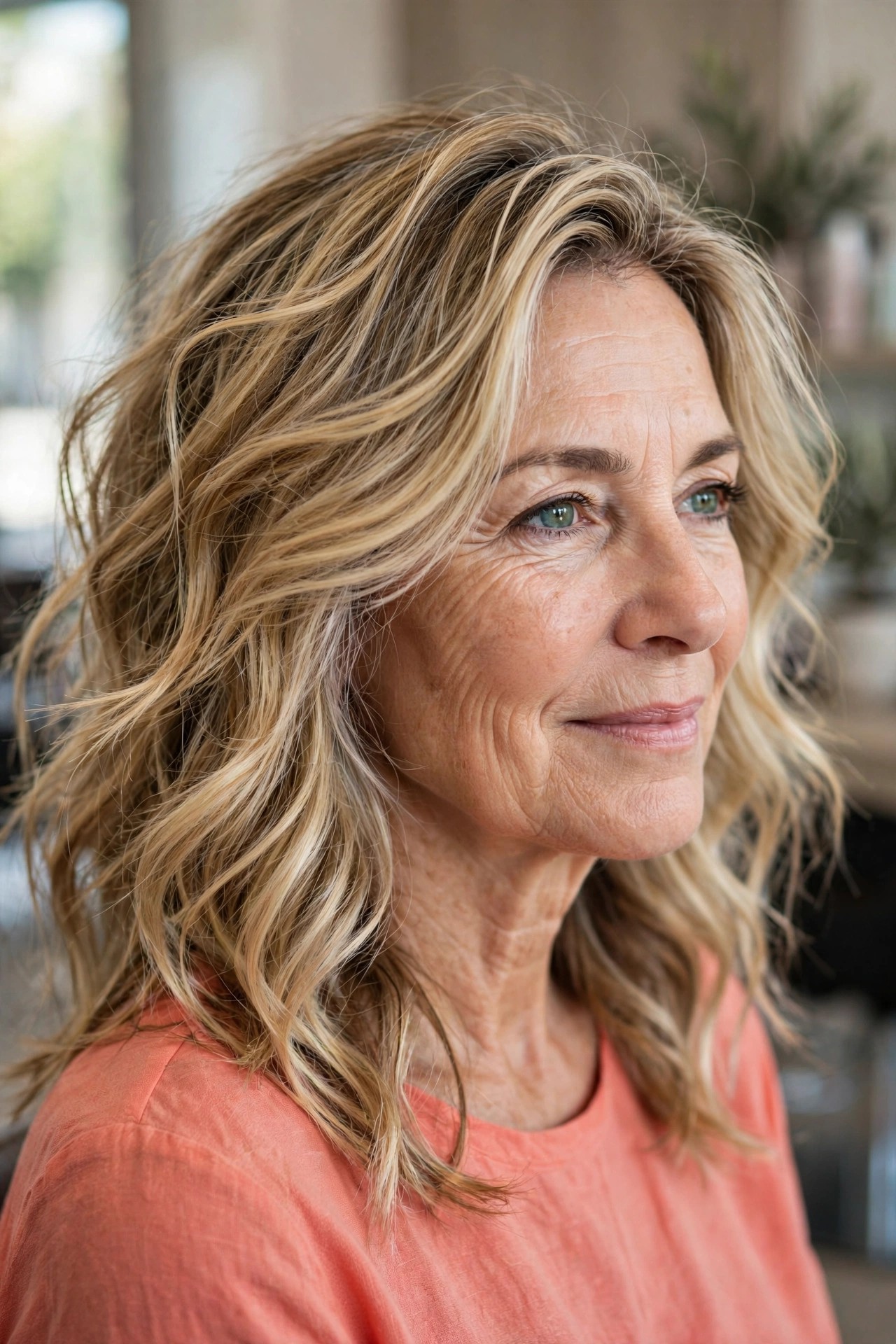 Sun-Kissed Balayage Waves at Medium Length - wavy hairstyle for woman over 50