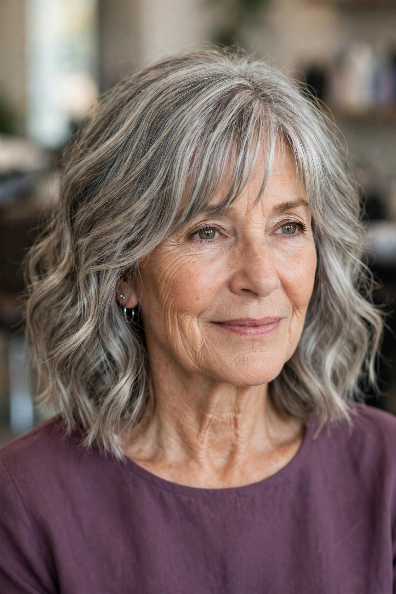 Gray-Blending Wavy Midi with a Curtain Fringe - wavy hairstyle for woman over 50