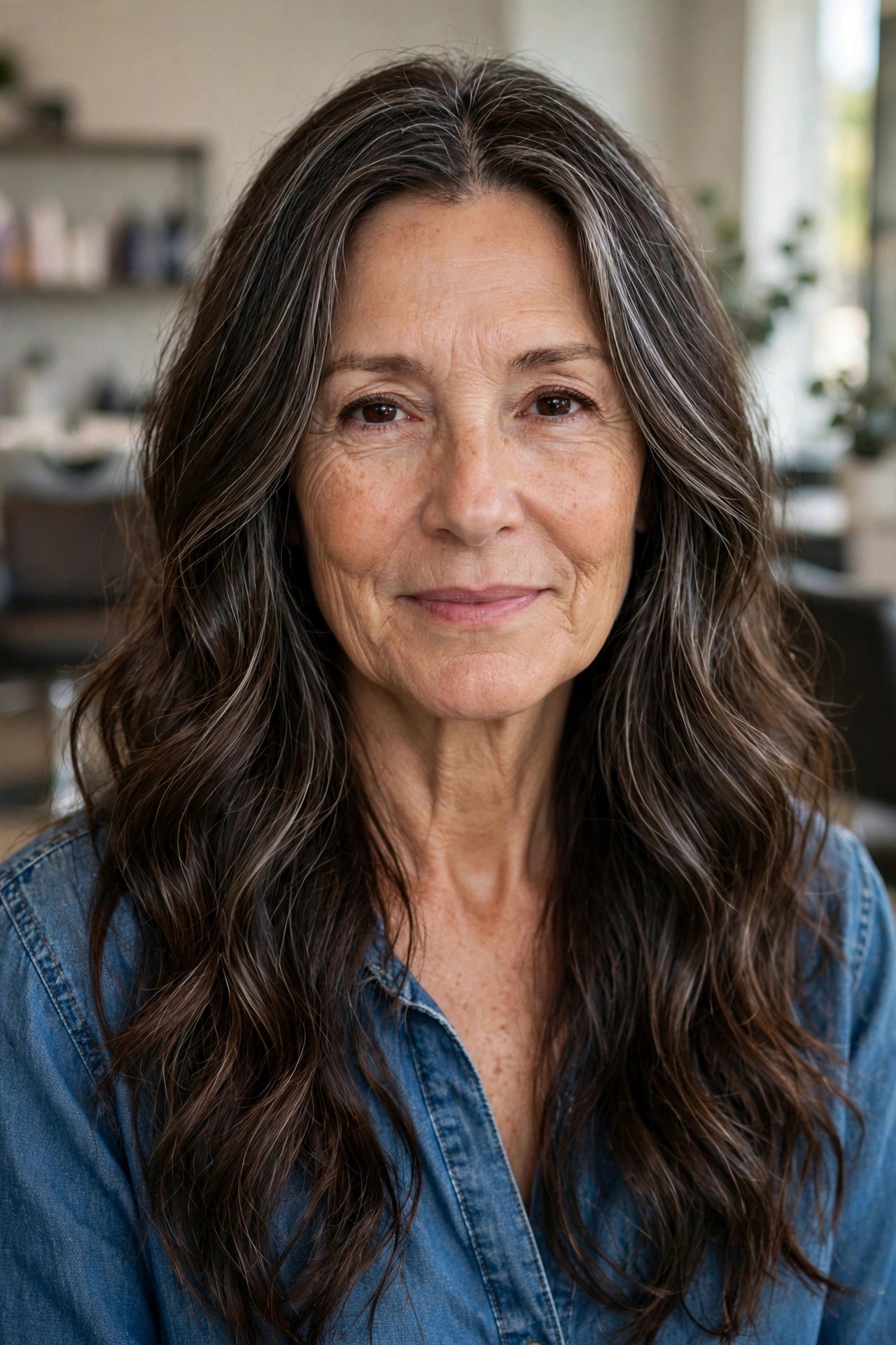 Relaxed Second-Day Waves with Silver Streaks - wavy hairstyle for woman over 50