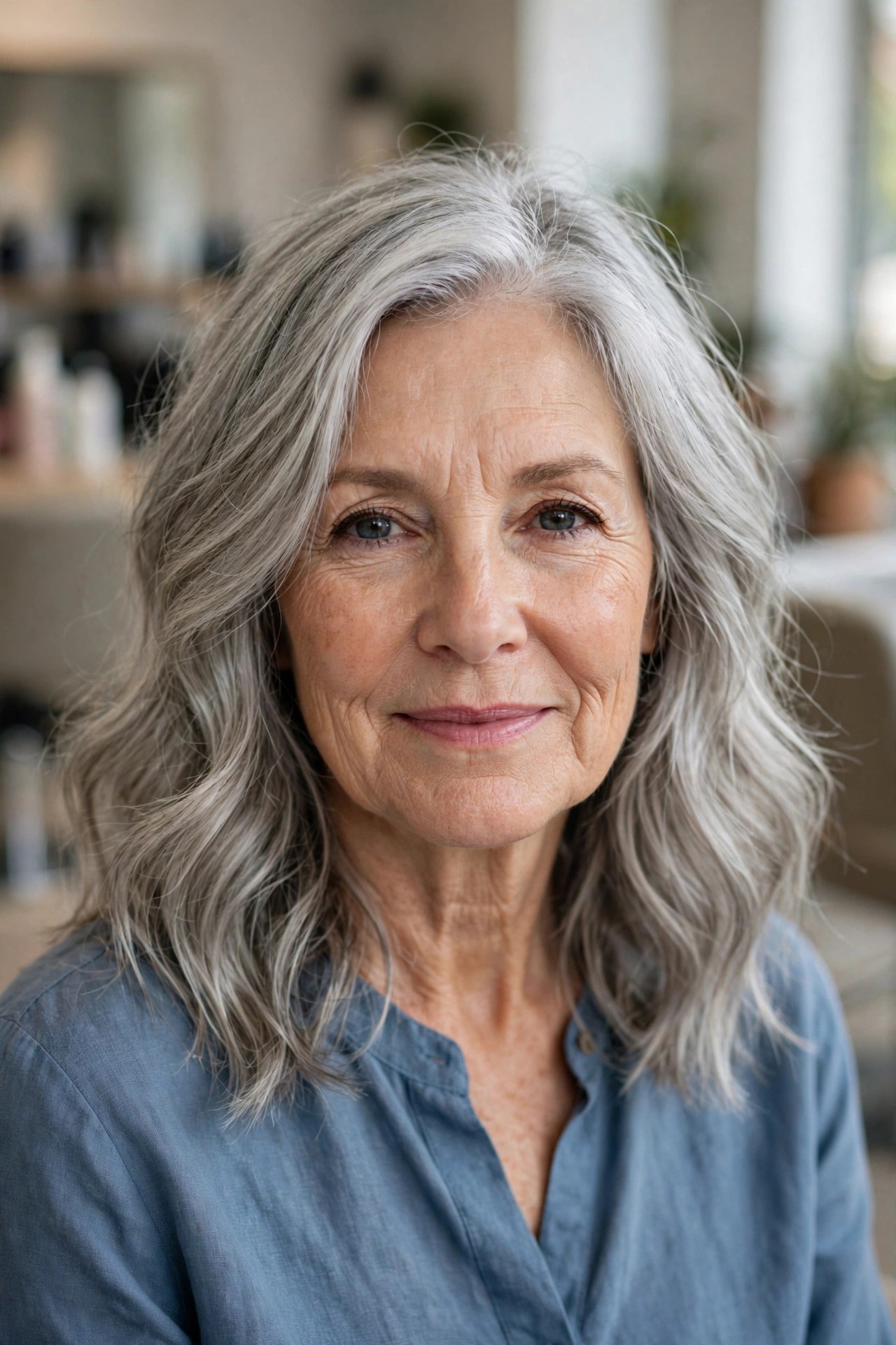 Silver Beach Waves at Shoulder Length - wavy hairstyle for woman over 50