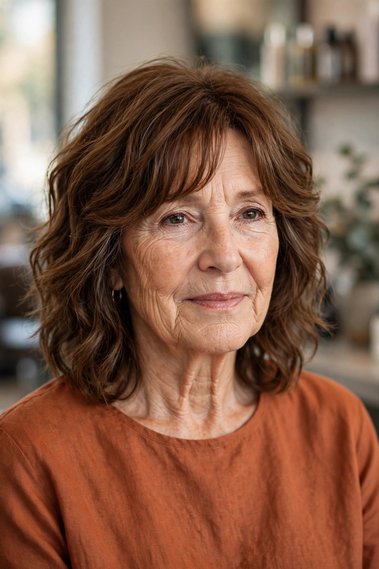 Layered Wavy Shag with Curtain Bangs - wavy hairstyle for woman over 50