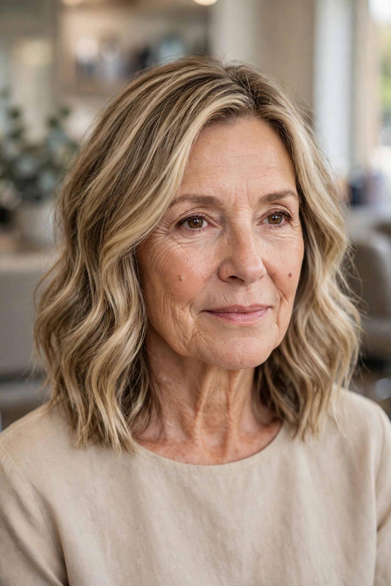 Side-Parted Wavy Lob with Face-Framing Highlights - wavy hairstyle for woman over 50
