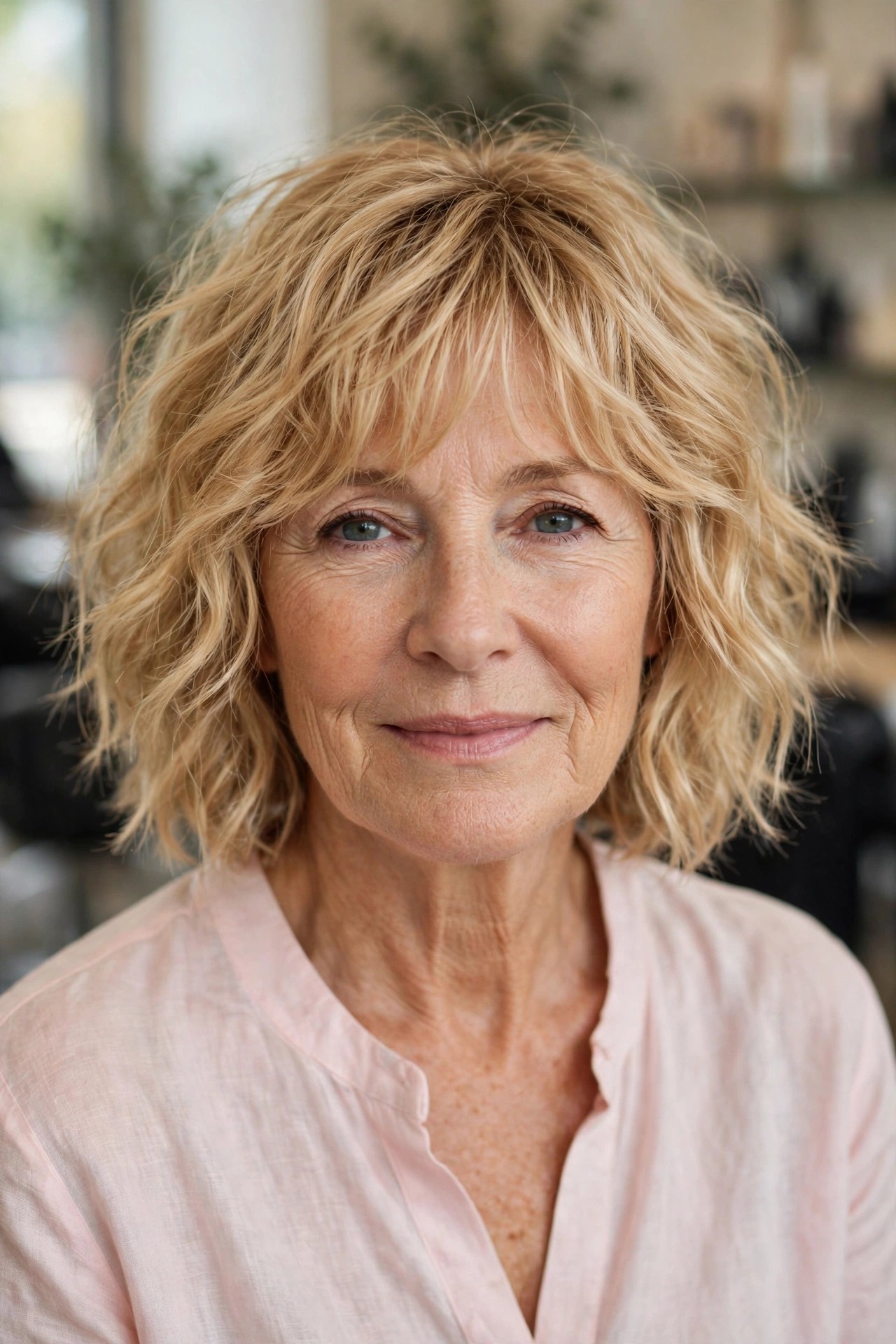 Tousled Wavy Bob with Wispy Bangs - wavy hairstyle for woman over 50