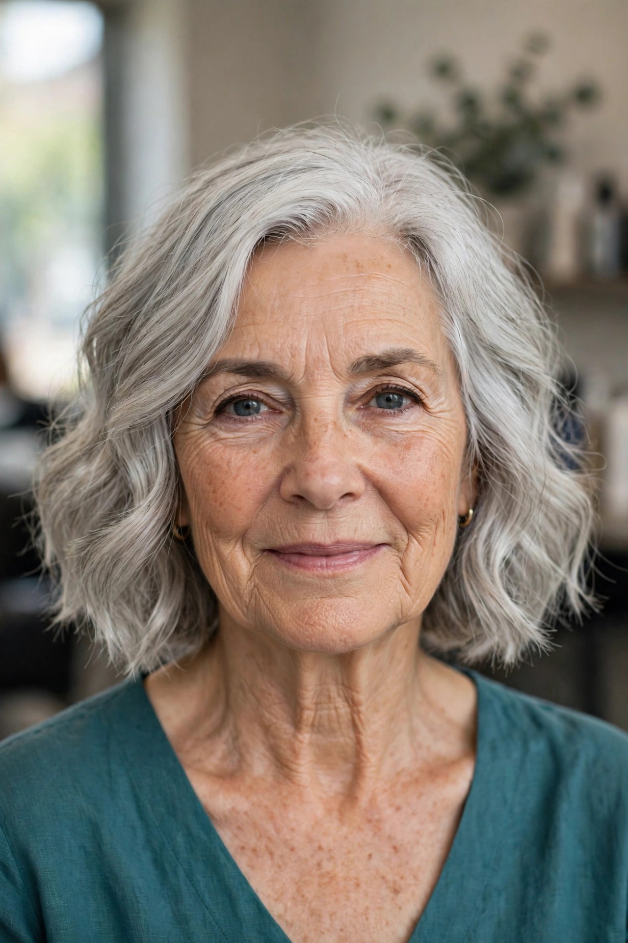 Soft Silver Wavy Bob - wavy hairstyle for a woman over 60 with loose soft S-waves