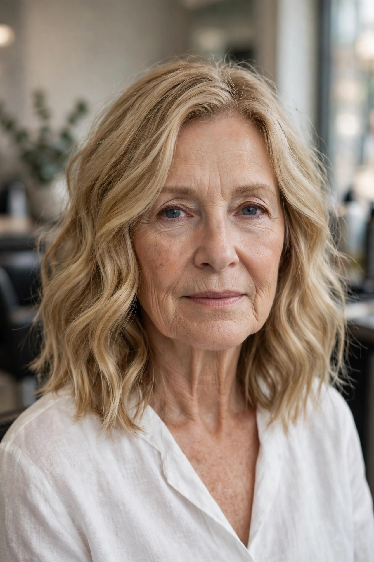 Beachy Loose Waves at Collarbone Length - wavy hairstyle for a woman over 60 with loose soft S-waves