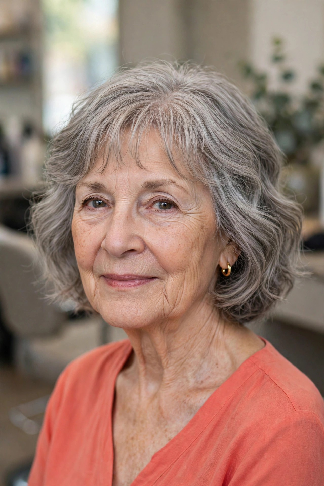 Wavy Bob with Wispy Bangs - wavy hairstyle for a woman over 60 with loose soft S-waves