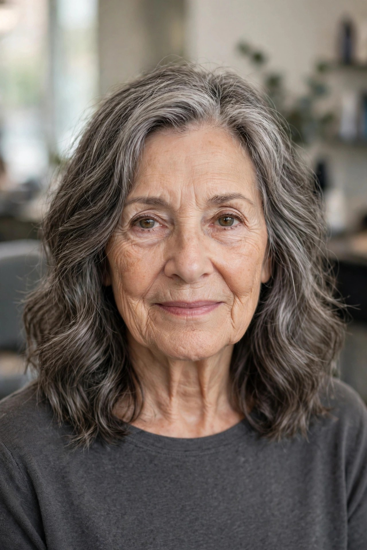 Salt-and-Pepper Loose Waves - wavy hairstyle for a woman over 60 with loose soft S-waves