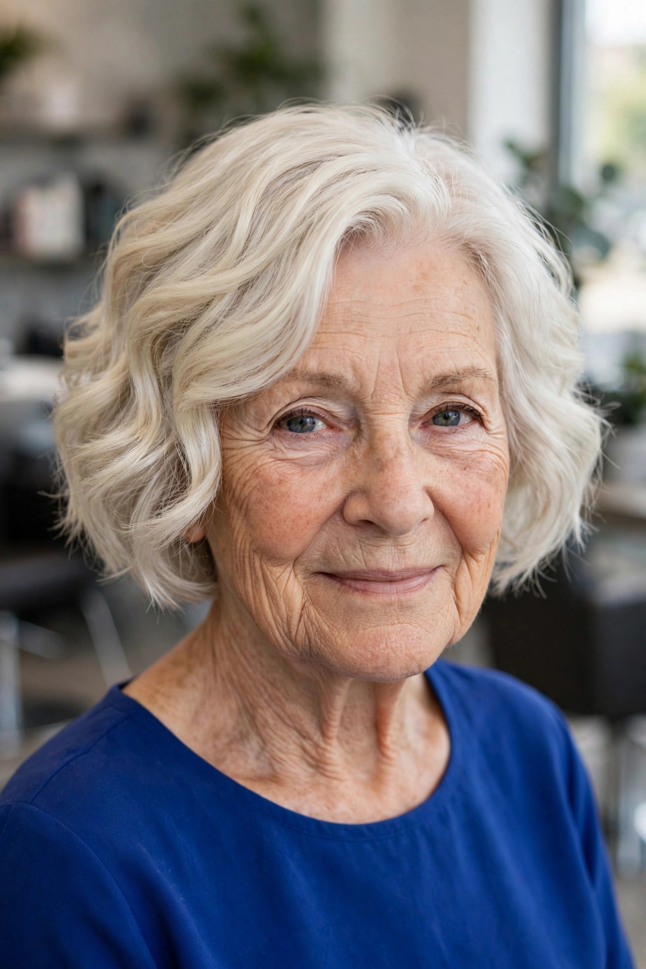 Short Wavy Bob with a Softly Stacked Back - wavy hairstyle for a woman over 60 with loose soft S-waves